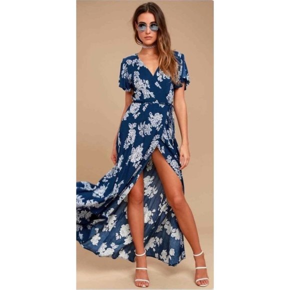 Lulu’s Heart of Marigold Navy Blue Floral Print Wrap Maxi Dress XS NWT - Picture 2 of 7